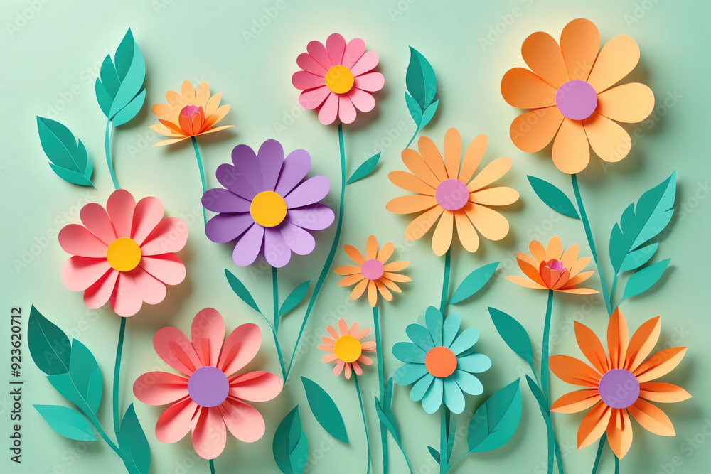 Vibrant Paper Flowers Displayed on a Soft Mint Green Background in a Creative Craft Arrangement Vibrant Paper Flowers Displayed on a Soft Mint Green Background in a Creative Craft Arrangement