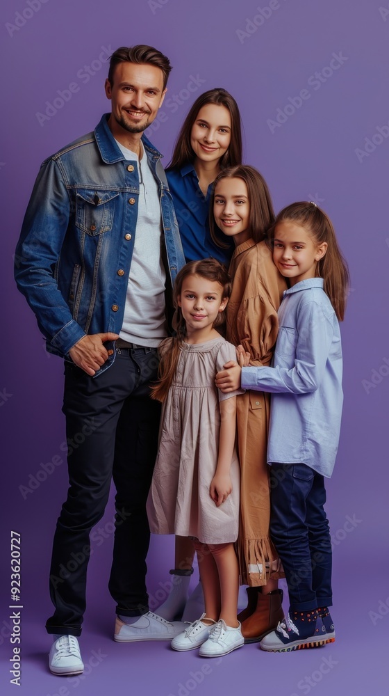 A joyful family stands closely together, smiling warmly in a colorful studio setting A joyful family stands closely together, smiling warmly in a colorful studio setting