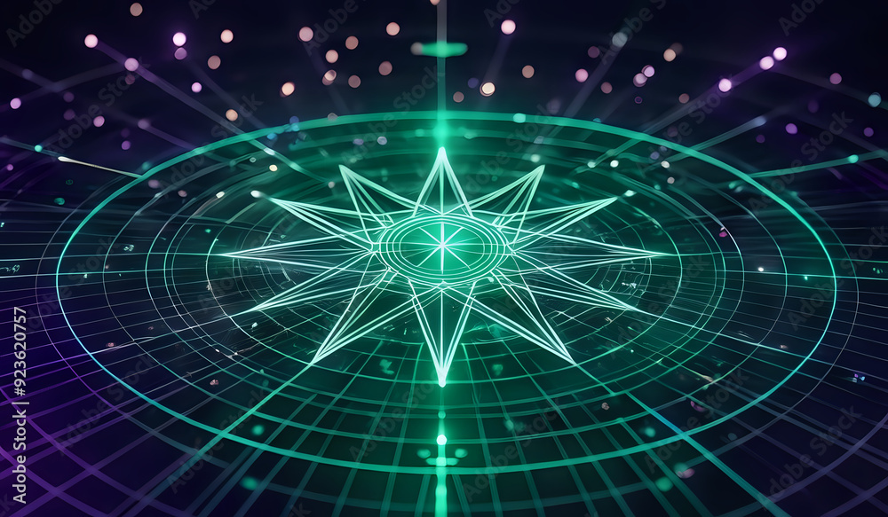 A holographic nautical compass on top of glowing lines representing network communication with sparkles of light in green and purple tones