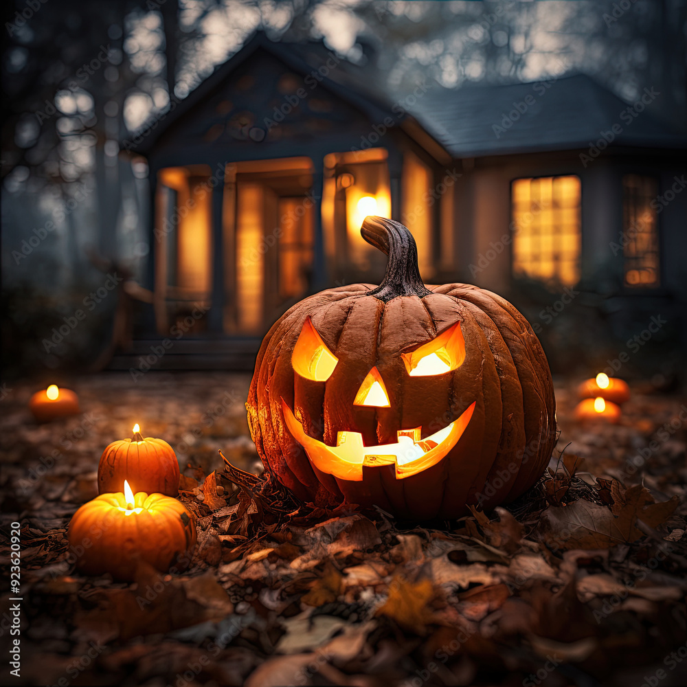 Fototapeta premium Vertical shot of a jack-o-lantern against a spooky house - Halloween theme