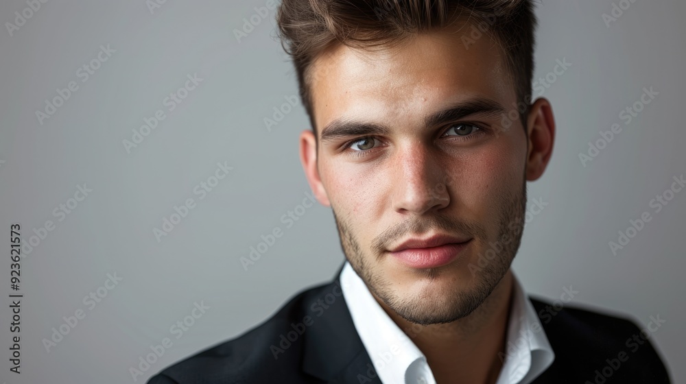 Close-up of a charismatic young male presenter, captured in a professional portrait against a plain backdrop, showcasing his engaging demeanor and authoritative presence Close-up of a charismatic young male presenter, captured in a professional portrait against a plain backdrop, showcasing his engaging demeanor and authoritative presence