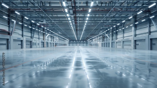 An immaculate smart warehouse with sleek, clean floors and bright lighting. The empty space is organized and optimized for modern storage solutions.