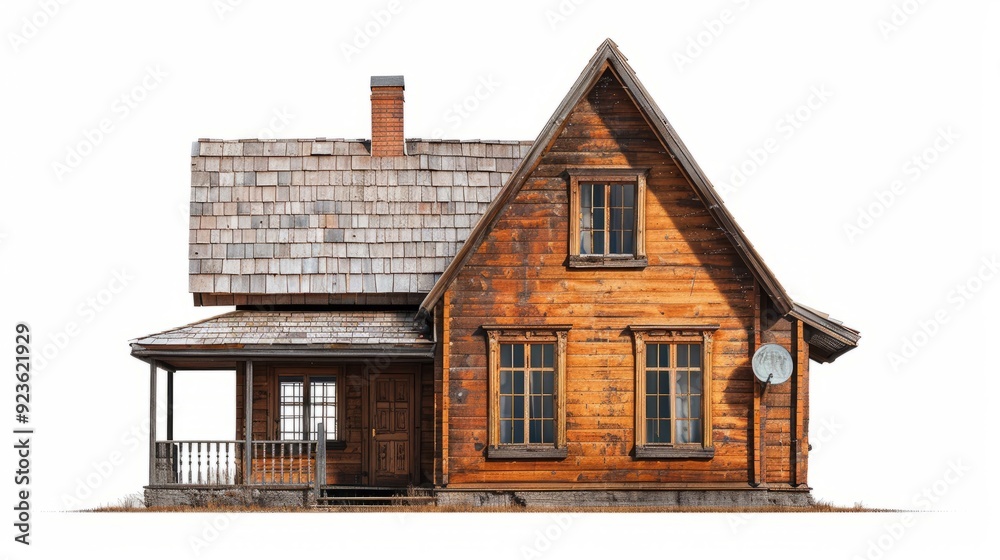 Rustic wooden house with a sloped roof and chimney in a serene rural setting Rustic wooden house with a sloped roof and chimney in a serene rural setting
