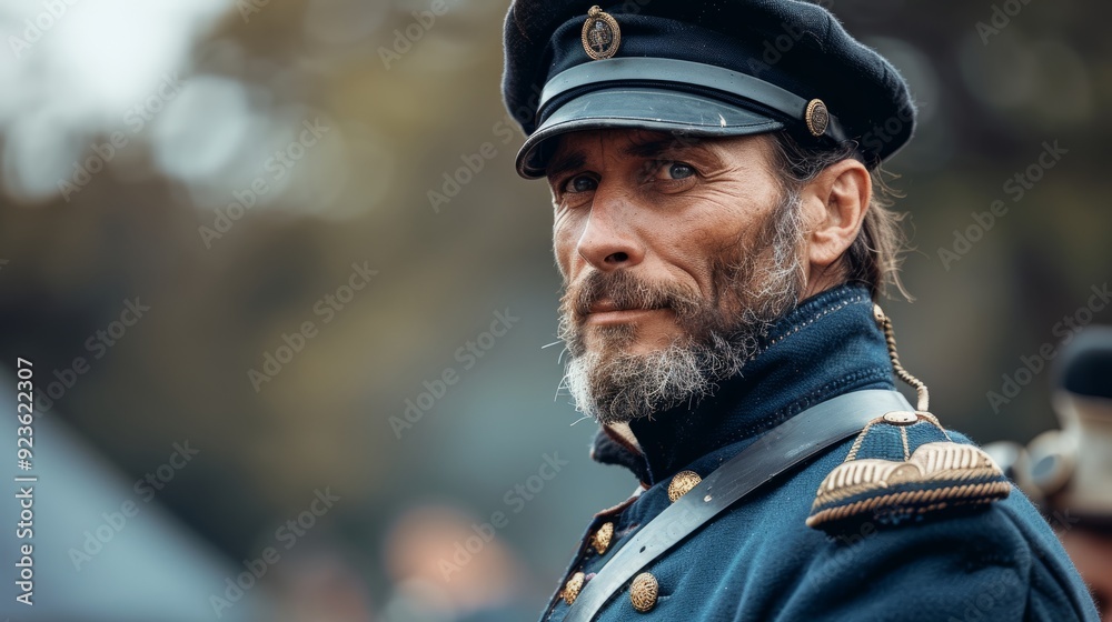 Man dressed in military uniform during a historical reenactment event in autumn Man dressed in military uniform during a historical reenactment event in autumn