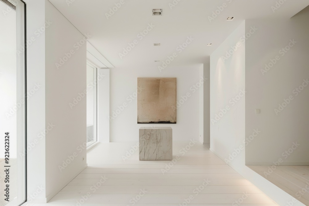Minimal white hallway with clean lines and a single piece of art, emphasizing a clutter-free space. Minimal white hallway with clean lines and a single piece of art, emphasizing a clutter-free space.