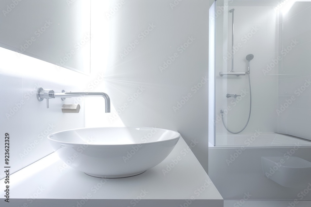 Simple and modern white bathroom with a white sink and minimal fixtures, showcasing minimalism. Simple and modern white bathroom with a white sink and minimal fixtures, showcasing minimalism.