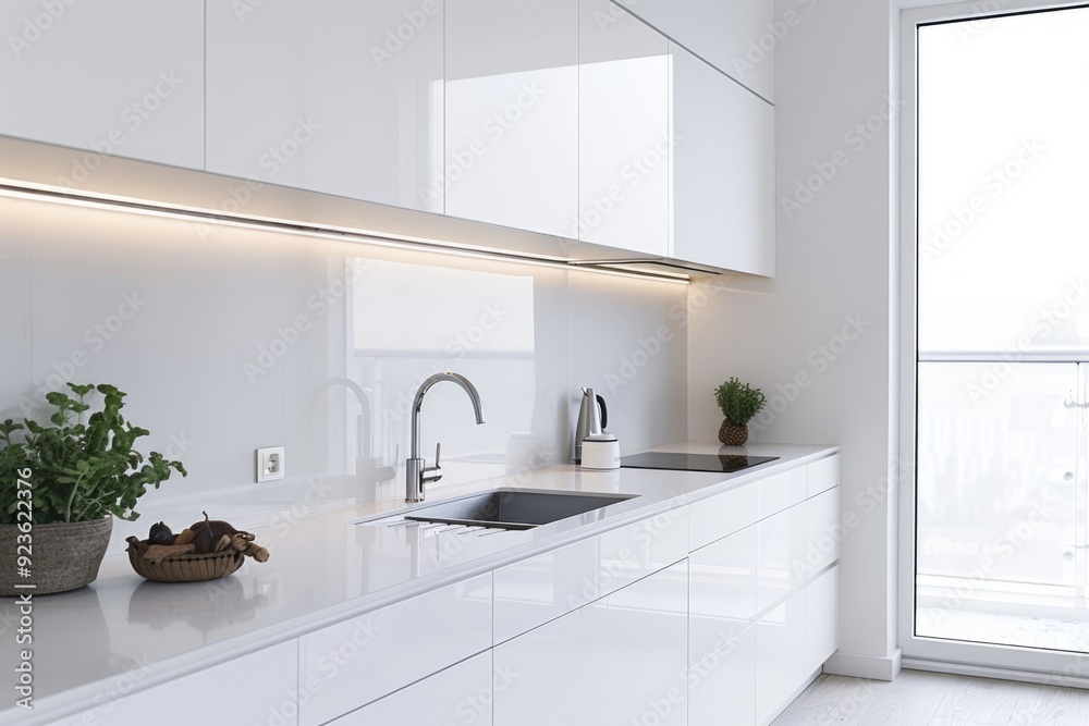 Minimal white kitchen with white cabinets and a sleek design, reflecting modern aesthetics. Minimal white kitchen with white cabinets and a sleek design, reflecting modern aesthetics.