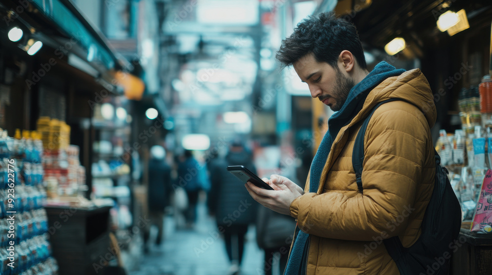 Focused man searching for local stores on his smartphone, surrounded by a bustling urban environment. Focused man searching for local stores on his smartphone, surrounded by a bustling urban environment.