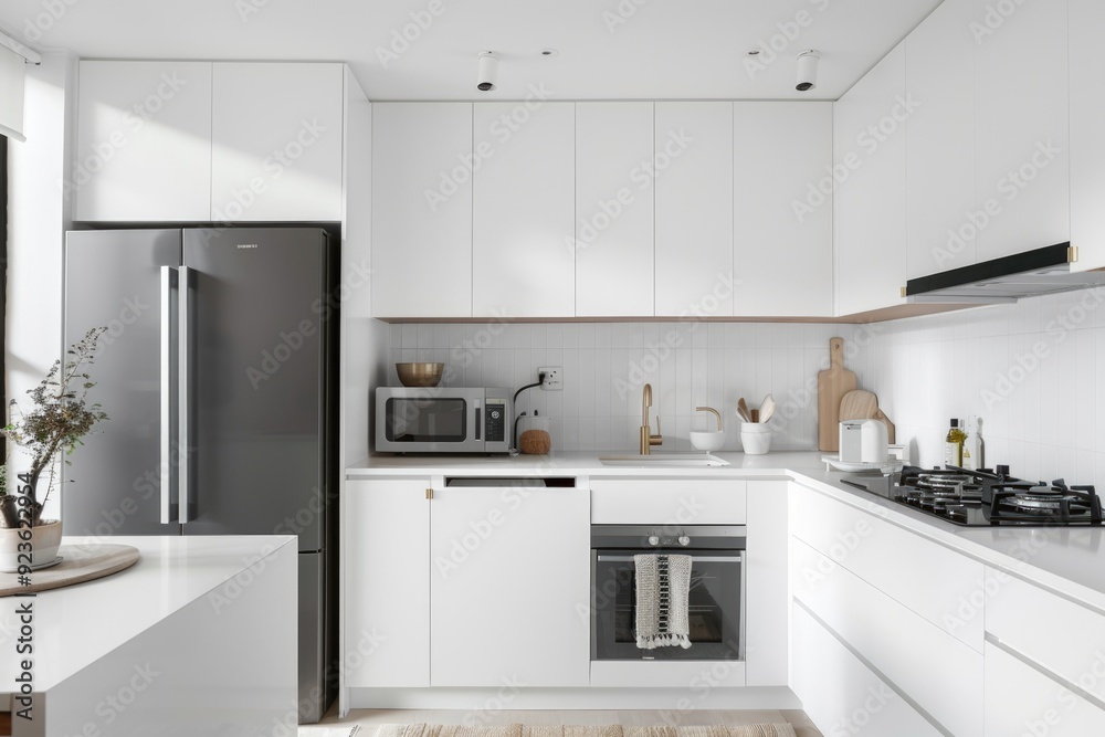 Minimal white kitchen featuring cozy textures and sleek appliances Minimal white kitchen featuring cozy textures and sleek appliances