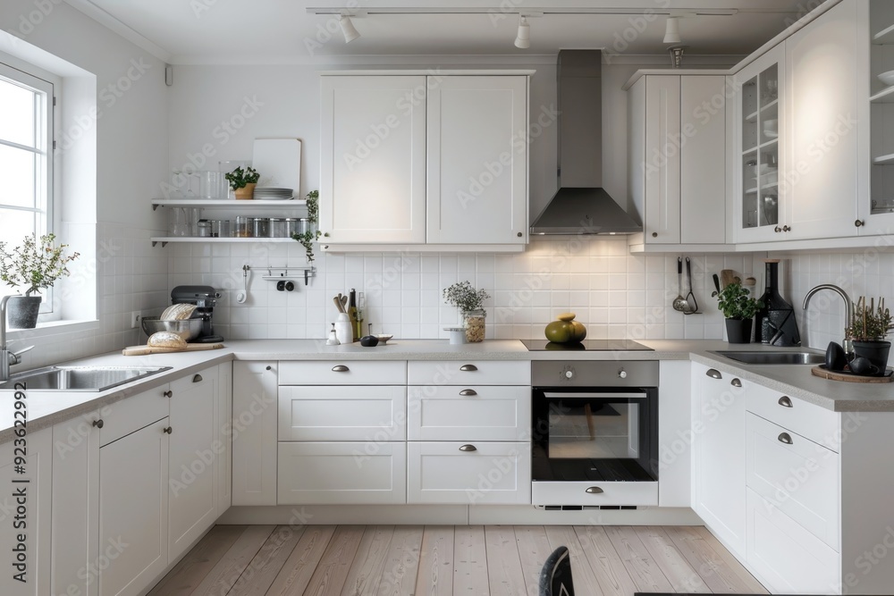 Fototapeta premium Cozy white kitchen with modern decor and minimalistic elements