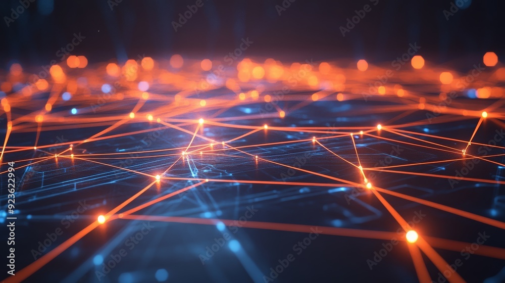 Abstract representation of a network with glowing orange and blue lines, symbolizing connectivity and data flow in a digital space. Abstract representation of a network with glowing orange and blue lines, symbolizing connectivity and data flow in a digital space.