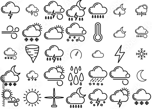 Set Of Linear Weather Vector Symbols Apps, Websites Ui Designs Suitable For Season,Winter,Weather,Multimedia,Climate Outline Icons Collection. Simple Vector Illustration