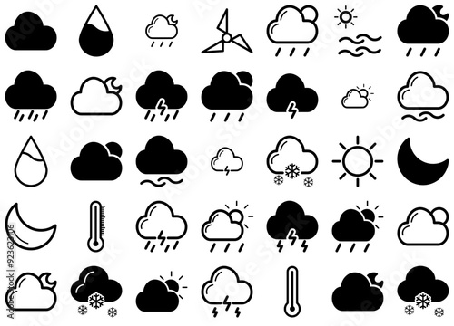 A Collection Of Weather Icons Silhouette Vector Logo Design Containing Rain,Climate,Weather,Forecast,Cloud Solid Icon Collection. Vector Illustration