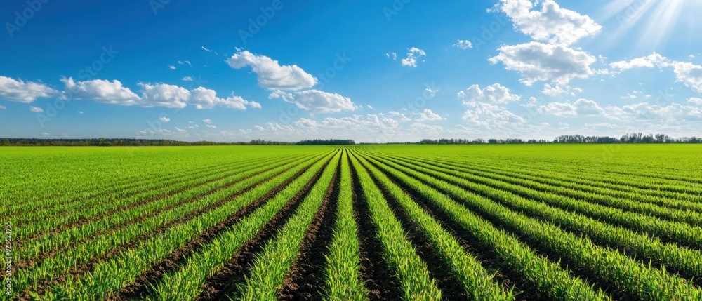 Green Rows of Crops in a Field Under a Blue Sky Green Rows of Crops in a Field Under a Blue Sky