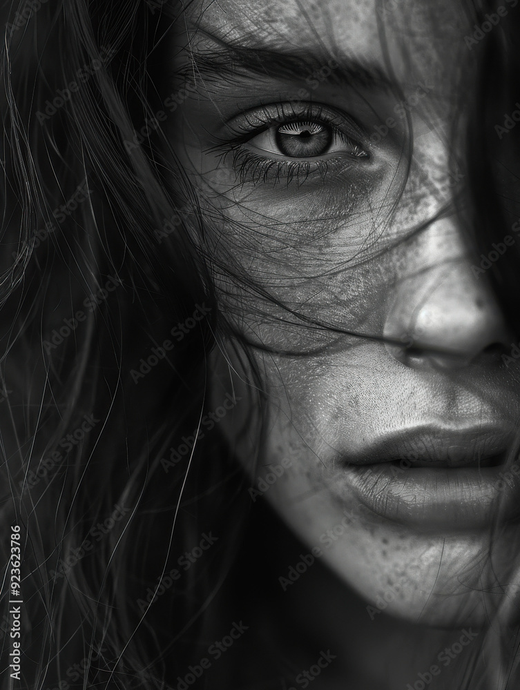 Intense Portrait of a Young Woman with Windswept Hair Intense Portrait of a Young Woman with Windswept Hair