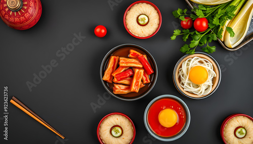 chinese traditional food on dark background, top view, banner isolated with white highlights, png photo