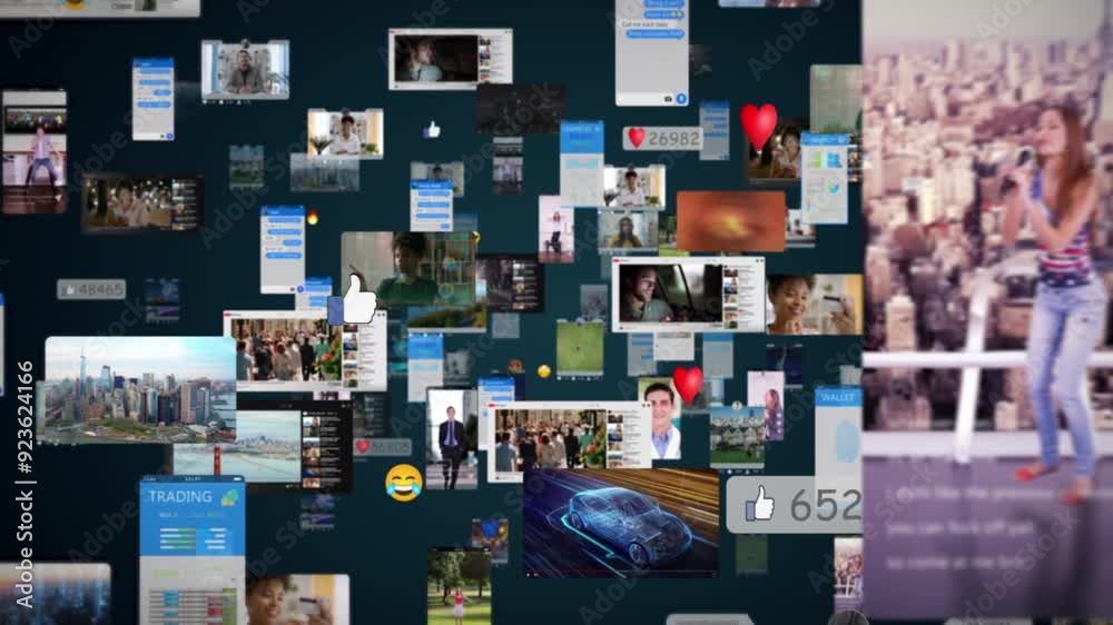 Digital Mosaic Of Social Media Posts, Videos, And Financial Data. Interconnectedness Of Online Interactions And Modern Communication In The Digital Age. Metaverse Big Data with Viral Videos.