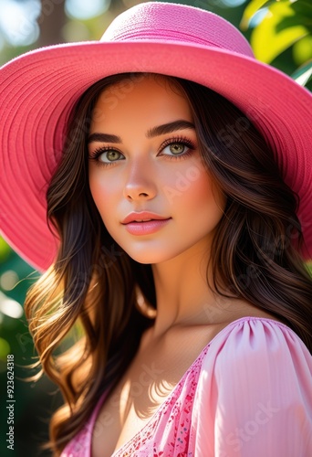 a summer portrait of a brunette girl wearing pink with a hat. 