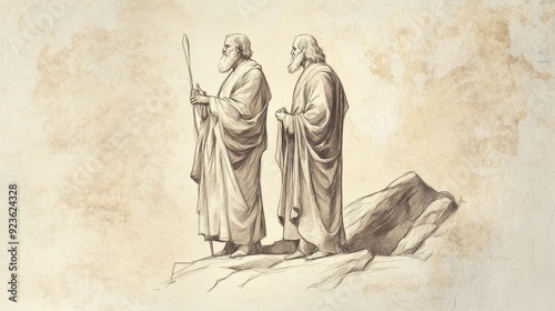 Exodus:Water from the Rock,Gratitude as Moses and Aaron Oversee Miracle Near Rock - Biblical Illustration, Bible Wall Art, Beige Background - Water from the Rock photo
