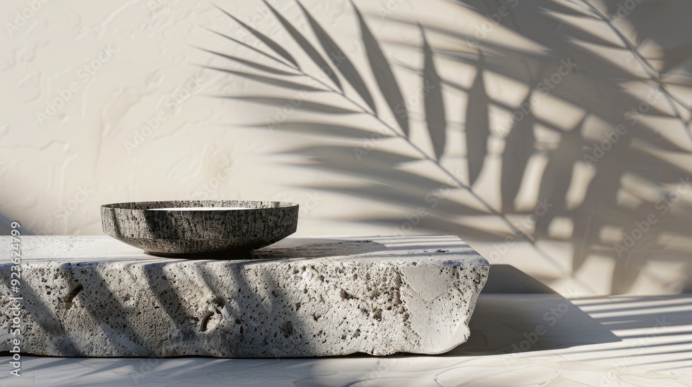 Simple product display on sleek stone with palm leaves shadow, raw photo Simple product display on sleek stone with palm leaves shadow, raw photo