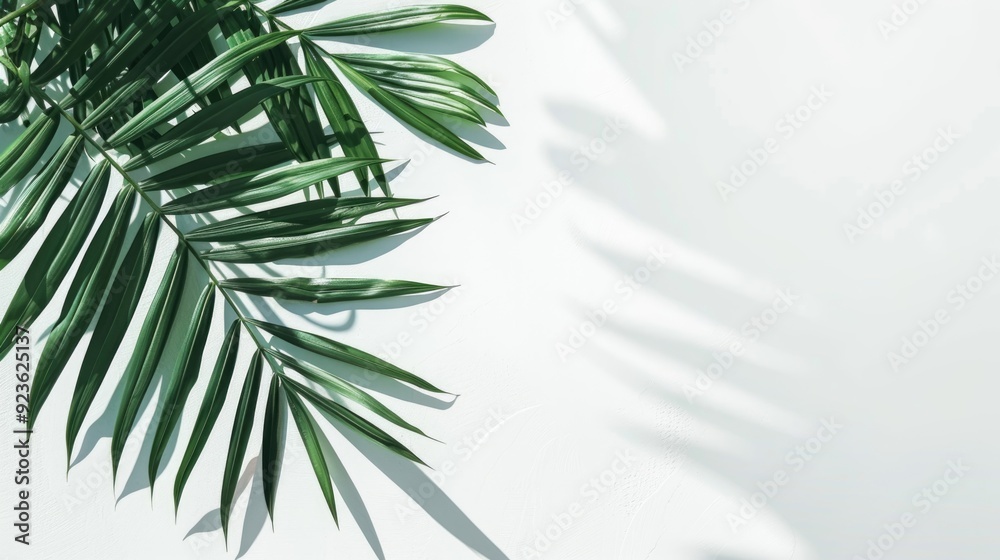 Top view of palm leaf casting shadow on solid white background, minimalistic aesthetic Top view of palm leaf casting shadow on solid white background, minimalistic aesthetic