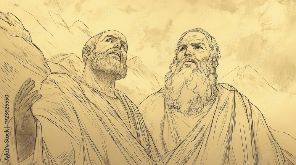 Fototapeta premium Exodus:The Israelites at Mount Sinai,Joshua Seeks Guidance and Support from Moses on Mount Sinai - Biblical Illustration, Bible Wall Art, Beige Background - Mount Sinai