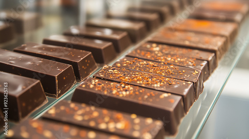 Rectangular chocolate bars with chili powder on a glass shelf