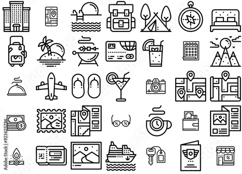 Set Of Linear Travel Vector Symbols Apps, Websites Ui Designs Suitable For Navigation,Travel,Hotel,Summer,Gps Vector Illustration Linear Pictogram Pack