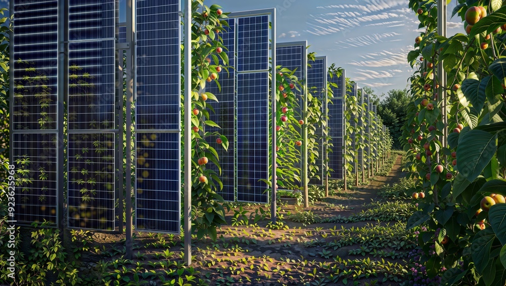 Agrivoltaic Orchard. Solar panels integrated with fruit trees in an orchard, demonstrating dual land use for energy production and agriculture. Agrivoltaic Orchard. Solar panels integrated with fruit trees in an orchard, demonstrating dual land use for energy production and agriculture.
