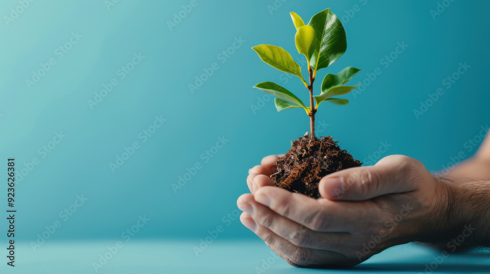 Hands gently holding soil with a young sapling, symbolizing care, growth, and nurturing of the environment and finances. Hands gently holding soil with a young sapling, symbolizing care, growth, and nurturing of the environment and finances.