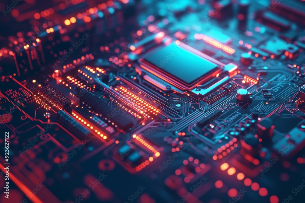 Close-up of a motherboard with glowing circuits in vibrant red and blue colors representing modern technology and computing power.