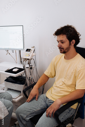 EMG measurement system. Patient's nerve testing using electromyography to assess muscle function. Perfect for showcasing precise diagnostics with advanced medical technology.