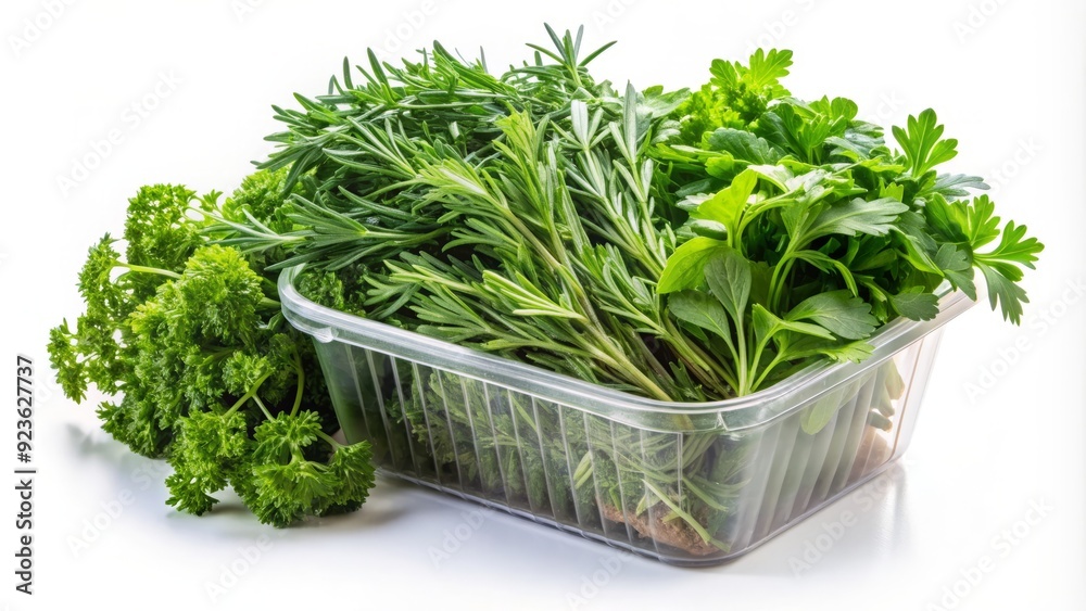 A bundle of fresh green herbs, including parsley, rosemary, and thyme, are neatly arranged in a clear plastic container on a white background. A bundle of fresh green herbs, including parsley, rosemary, and thyme, are neatly arranged in a clear plastic container on a white background.