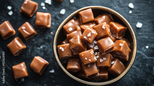 Bowl filled with caramel candies, some unwrapped with salt on the surface