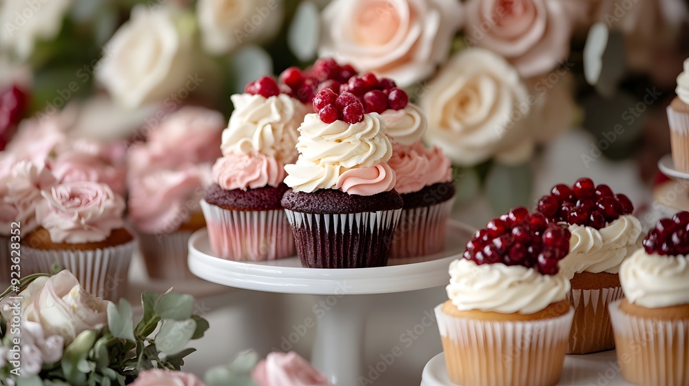 A beautiful display of cupcakes, cakes, and pastries on an elegant wedding dessert table with fresh flowers in the background A beautiful display of cupcakes, cakes, and pastries on an elegant wedding dessert table with fresh flowers in the background