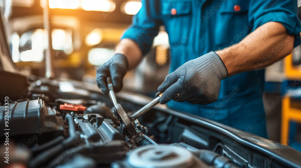 Auto mechanic working on a car's broken engine in a service garage. Transport maintenance with a wrench detail. Wide banner or panoramic photo. Auto mechanic working on a car's broken engine in a service garage. Transport maintenance with a wrench detail. Wide banner or panoramic photo.