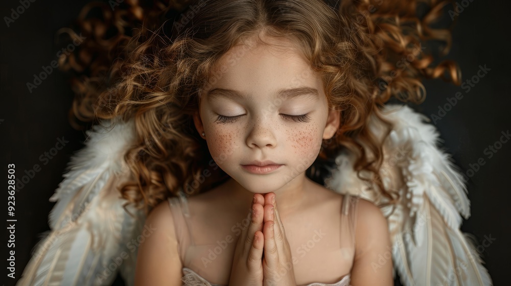 Young child with angel wings praying quietly in a serene indoor setting Young child with angel wings praying quietly in a serene indoor setting