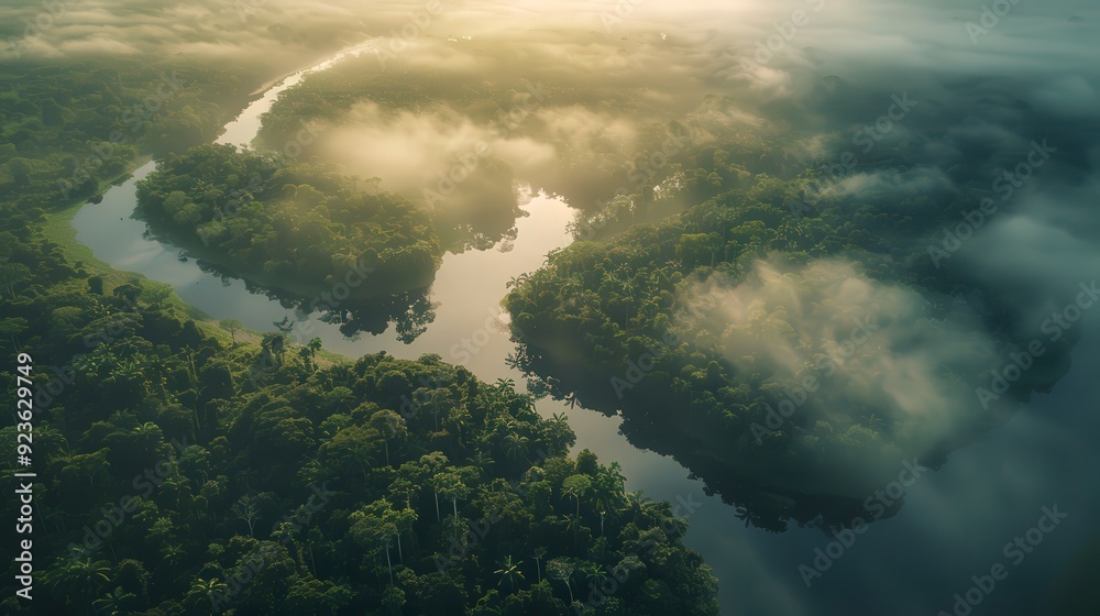 Aerial view of a winding river through lush green forests and misty landscapes. Aerial view of a winding river through lush green forests and misty landscapes.