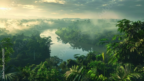 A serene landscape with a river winding through lush greenery and misty mountains.