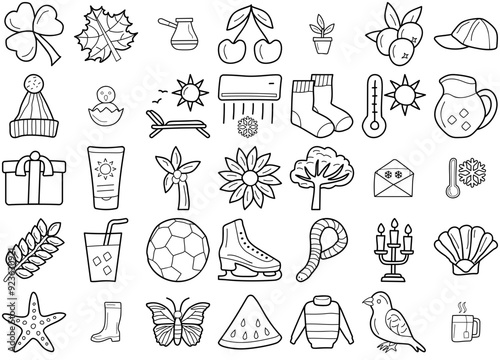 A Collection Of Set Of Autumn Winter Summer Spring Line Vector Ico Isolated Silhouette Solid Icons With Food,Cap,Shade,Weather,Fruit Vector Icons Illustration Collection