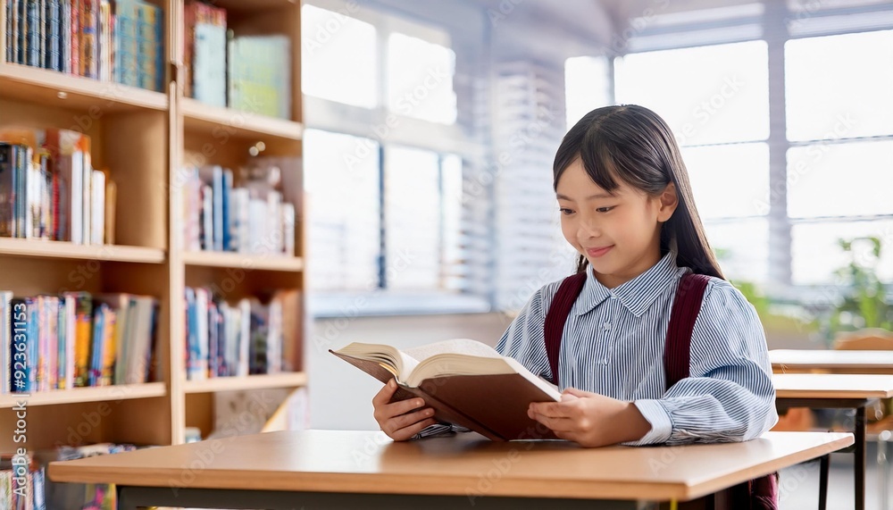 図書館で本を読んでいる少女（girl reading a book in the library）
