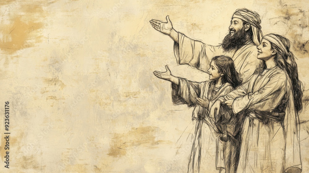 Fototapeta premium Exodus:Consecration of the Firstborn,Joyful Israelite Family Thanks God for Firstborn, Uplifted Hands - Biblical Illustration, Bible Wall Art, Beige Background - Consecration of Firstborn