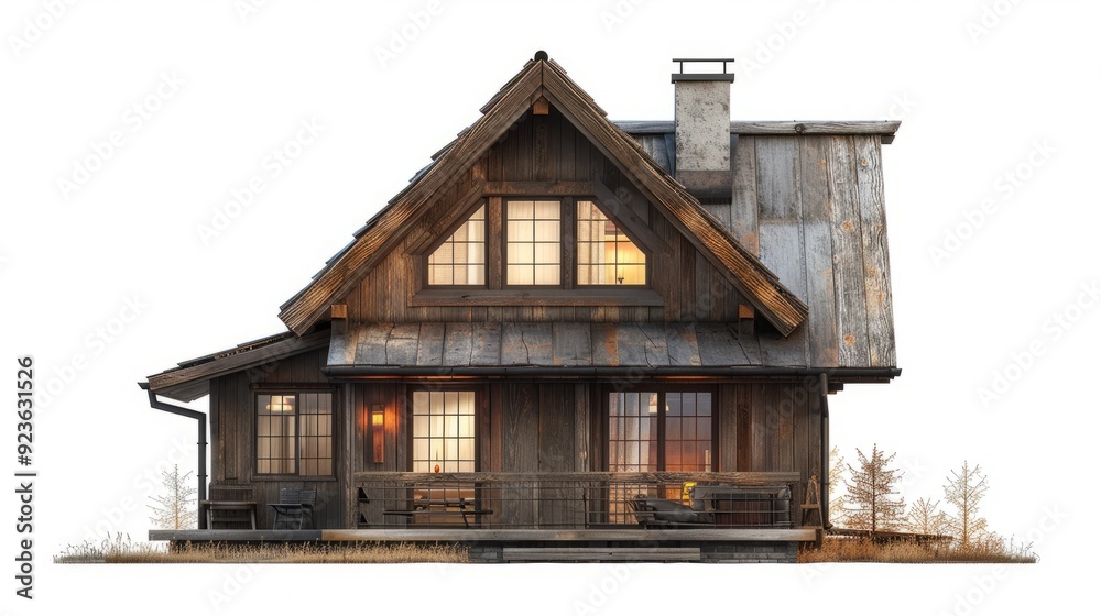 Cozy wooden cabin with a sloped roof in a serene natural setting at dusk Cozy wooden cabin with a sloped roof in a serene natural setting at dusk