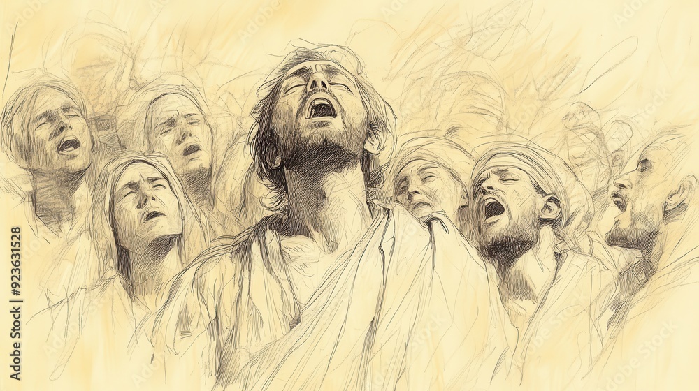 Exodus:The Song of Moses and Miriam,Serene and Thankful Moses Sings with Eyes Closed, Surrounded by Congregation - Biblical Illustration, Bible Wall Art, Beige Background - Song of Moses and Miriam Exodus:The Song of Moses and Miriam,Serene and Thankful Moses Sings with Eyes Closed, Surrounded by Congregation - Biblical Illustration, Bible Wall Art, Beige Background - Song of Moses and Miriam