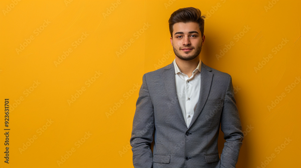 Young businessman standing on yellow background with copy space Young businessman standing on yellow background with copy space