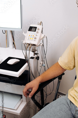 EMG measurement system. Patient's nerve testing using electromyography to assess muscle function. Perfect for showcasing precise diagnostics with advanced medical technology. photo