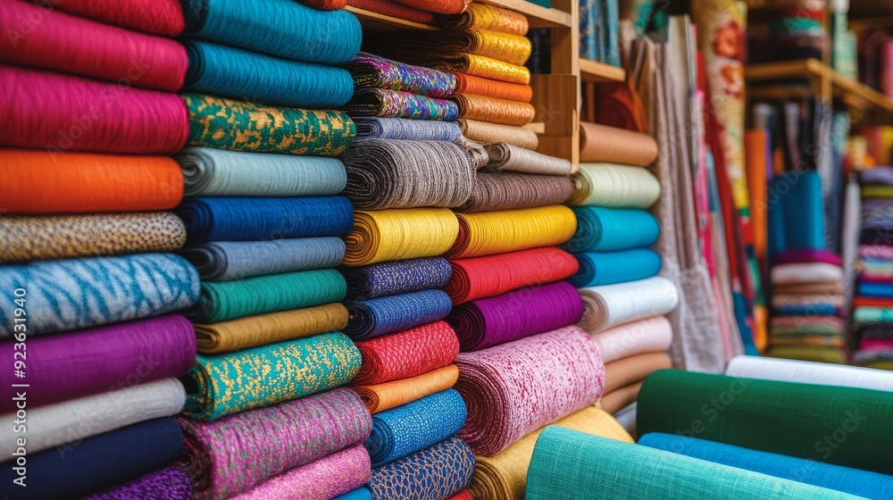 Brightly colored fabrics stacked neatly create a mesmerizing visual feast Brightly colored fabrics stacked neatly create a mesmerizing visual feast