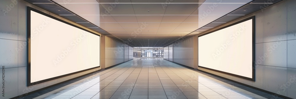 Fototapeta premium Blank billboard mockup in a corridor, perfect for advertising or promotional purposes in a retail environment.