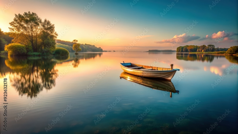 Fototapeta premium Boat floating peacefully on a calm river, boat, river, water, peaceful, calm, nature, tranquil, serene, transportation