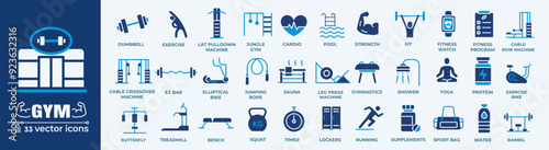 Gym equipment and fitness icon set. Containing healthy lifestyle, weight training, body care and workout or exercise equipment icons. Solid icons vector collection.